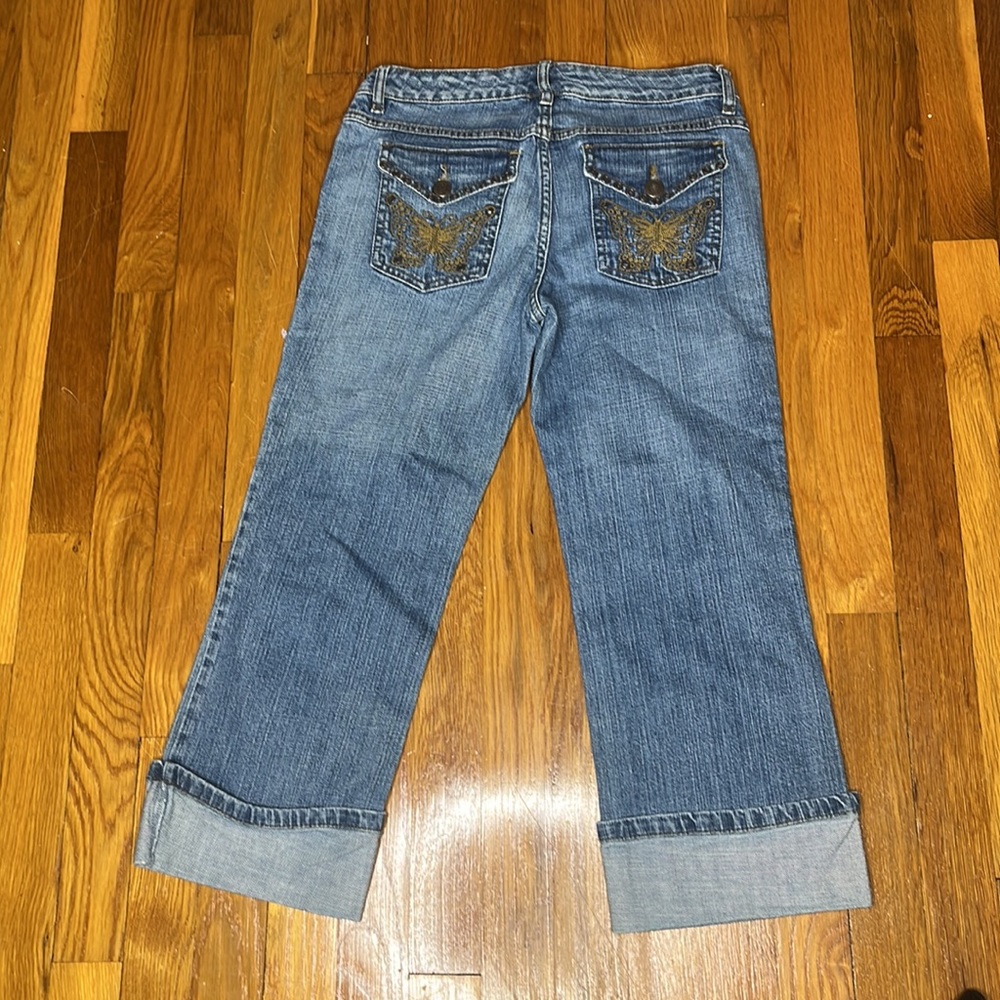 Vintage SO Embroidered Butterfly Cuffed Denim Jean Capris Size 5